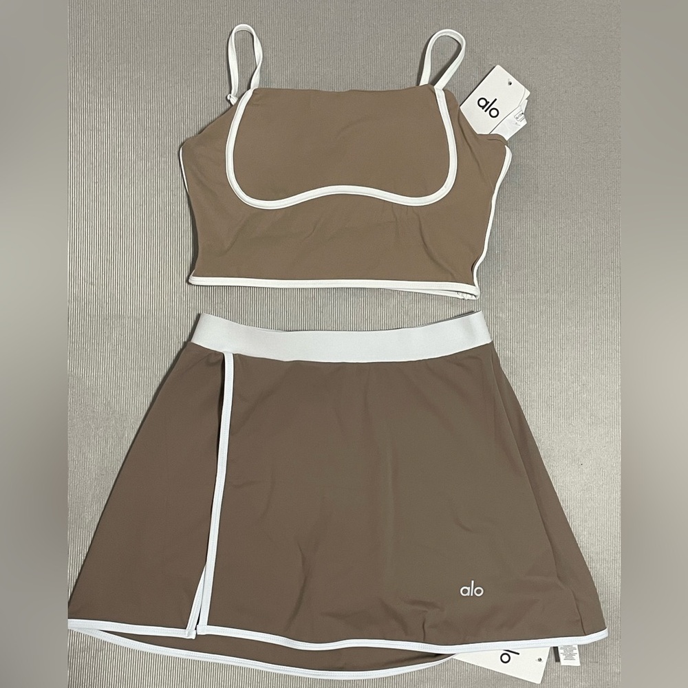 ALO Yoga Taupe Two-Piece Skirt Set with White Trim
